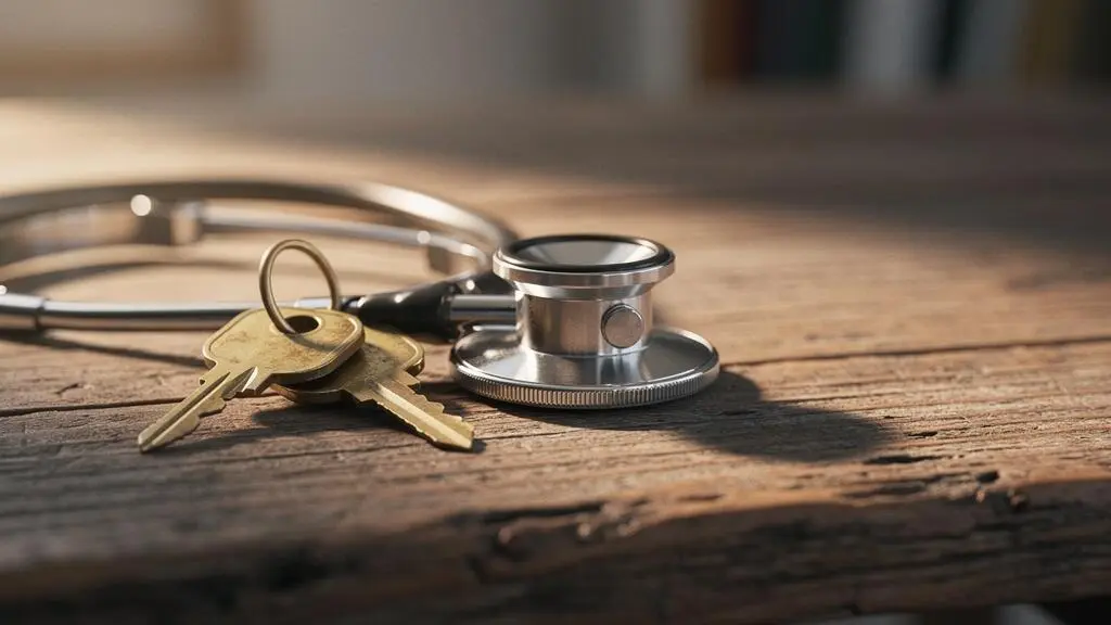 Clés de maison posées près d'un stéthoscope sur une table en bois, symbolisant le lien entre santé déclarée et sécurité du prêt immobilier
