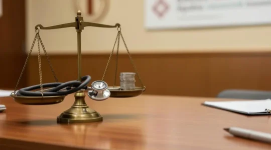 Illustration symbolique d'une balance représentant le partage des frais de santé entre l'Assurance Maladie, la mutuelle et le patient
