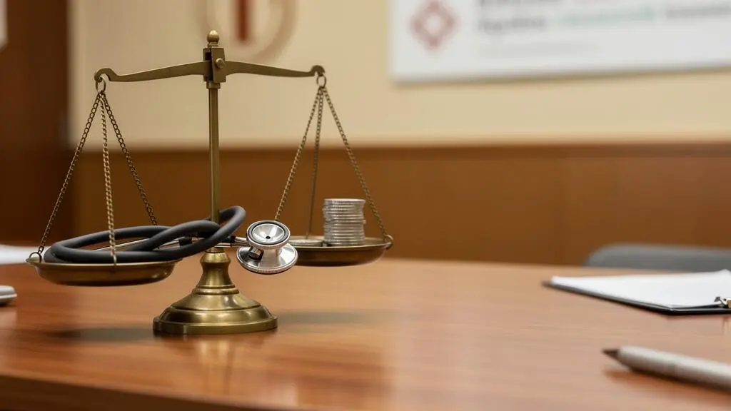 Illustration symbolique d'une balance représentant le partage des frais de santé entre l'Assurance Maladie, la mutuelle et le patient