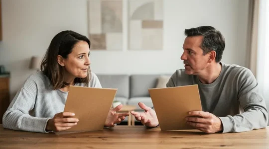 Un couple assis face à face à une table, symbolisant le choix entre deux couvertures santé complementaires
