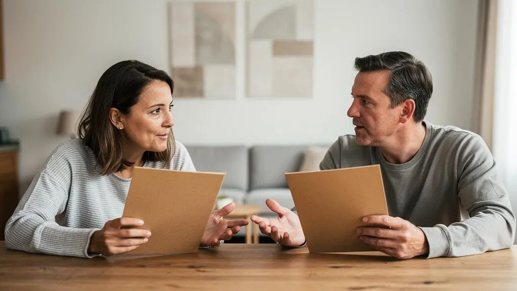 Un couple assis face à face à une table, symbolisant le choix entre deux couvertures santé complementaires