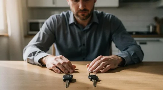 Une personne réfléchit à son choix d'assurance, une clé de voiture et une clé de maison posées côte à côte sur une table en bois