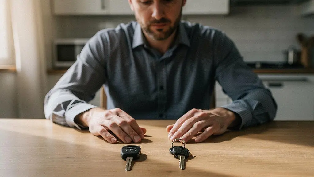Une personne réfléchit à son choix d'assurance, une clé de voiture et une clé de maison posées côte à côte sur une table en bois