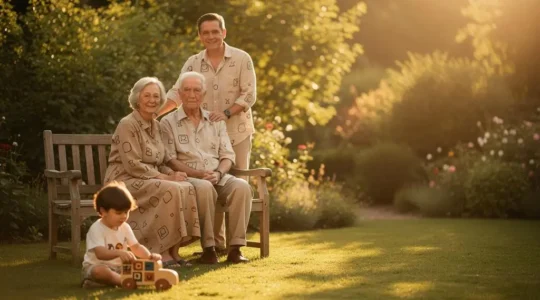 Photographie symbolique d'une famille multigénérationnelle illustrant la transmission équilibrée d'un patrimoine via une clause bénéficiaire d'assurance vie