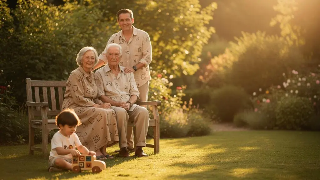 Photographie symbolique d'une famille multigénérationnelle illustrant la transmission équilibrée d'un patrimoine via une clause bénéficiaire d'assurance vie
