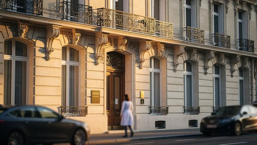Vue élégante d'un immeuble haussmannien parisien abritant des cabinets médicaux, symbole de l'accès aux soins spécialisés en centre-ville