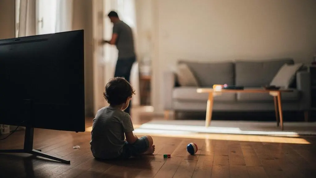 Illustration d'un enfant a proximite d'une television endommagee, symbolisant la question de la garantie responsabilite civile vie privee