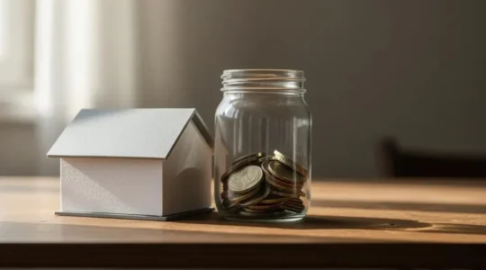 Petite maison miniature posée à côté d'un bocal d'épargne à moitié vide, symbolisant l'attente de trois mois avant l'indemnisation d'une assurance de prêt