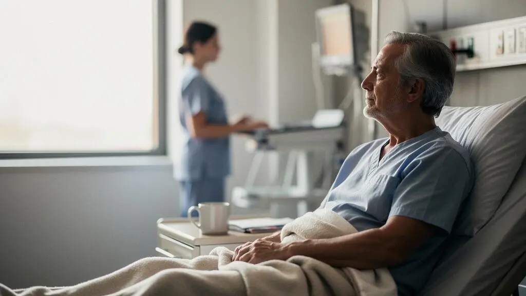 Patient serein dans une chambre d'hôpital lumineuse, symbolisant la maîtrise des coûts d'une hospitalisation longue durée