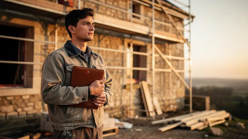 Jeune artisan du bâtiment consultant des documents d'assurance sur un chantier en rénovation, symbolisant la recherche d'une décennale abordable