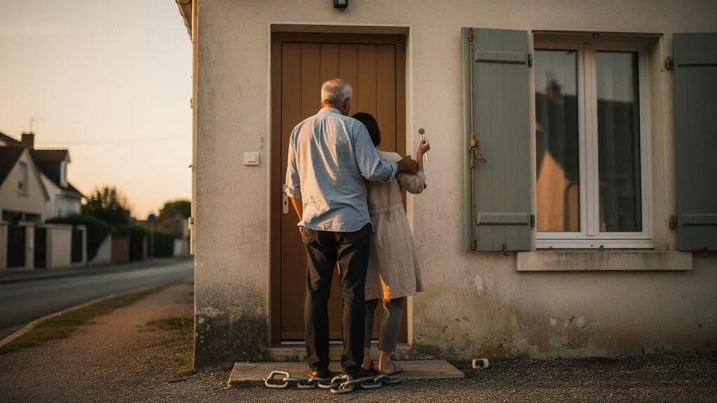 Silhouette d'un couple de propriétaires tenant les clés de leur maison au lever du soleil, symbolisant la liberté financière retrouvée grâce au changement d'assurance de prêt