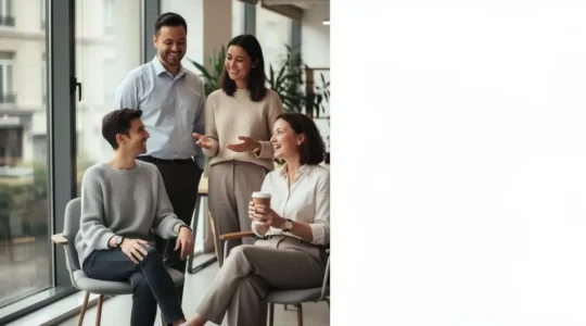 Groupe de salaries divers souriants dans un bureau lumineux, symbolisant la satisfaction face a une mutuelle collective bien choisie