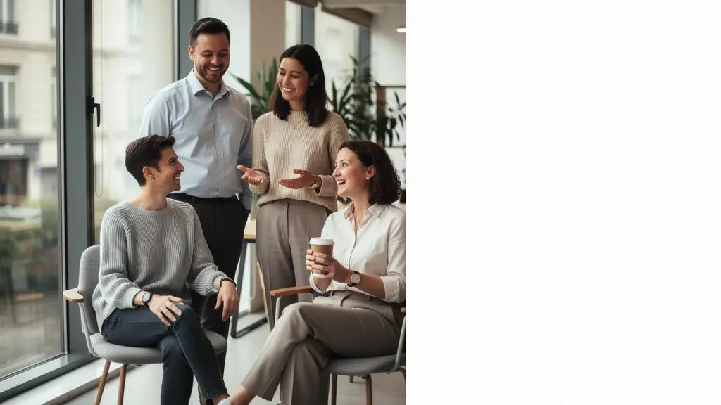Groupe de salaries divers souriants dans un bureau lumineux, symbolisant la satisfaction face a une mutuelle collective bien choisie