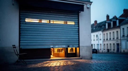 Devanture d'un petit commerce au rideau métallique à demi baissé, rue calme et vide, symbolisant la fermeture administrative ou accidentelle d'une entreprise