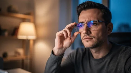 Télétravailleur concentré portant des lunettes avec traitement anti-lumière bleue, éclairé par la lumière naturelle d'une fenêtre à côté de son poste de travail