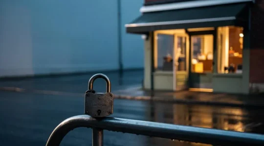 Devanture de commerce avec panneau de securite et cadenas symbolisant la conformite assurantielle obligatoire