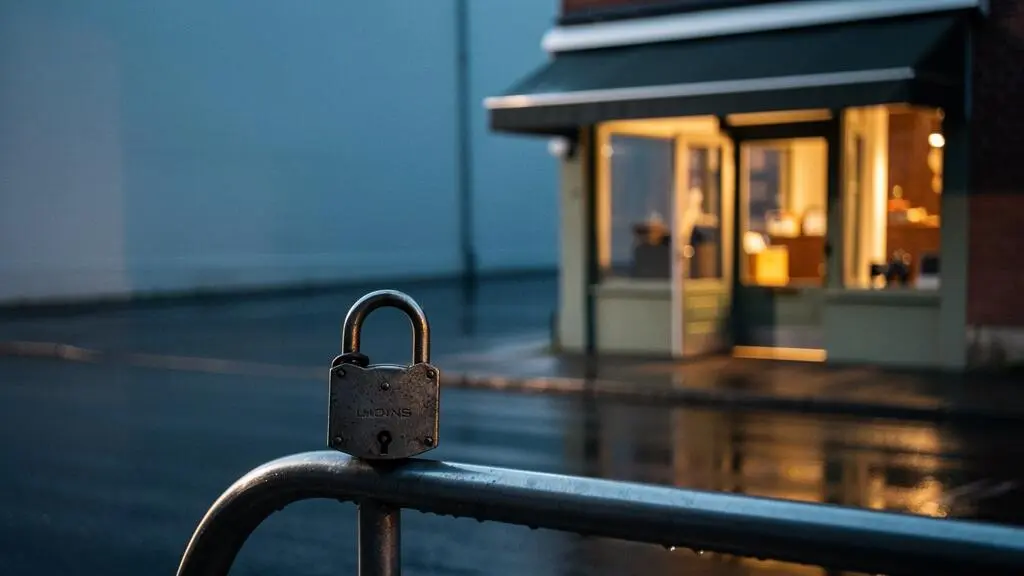 Devanture de commerce avec panneau de securite et cadenas symbolisant la conformite assurantielle obligatoire